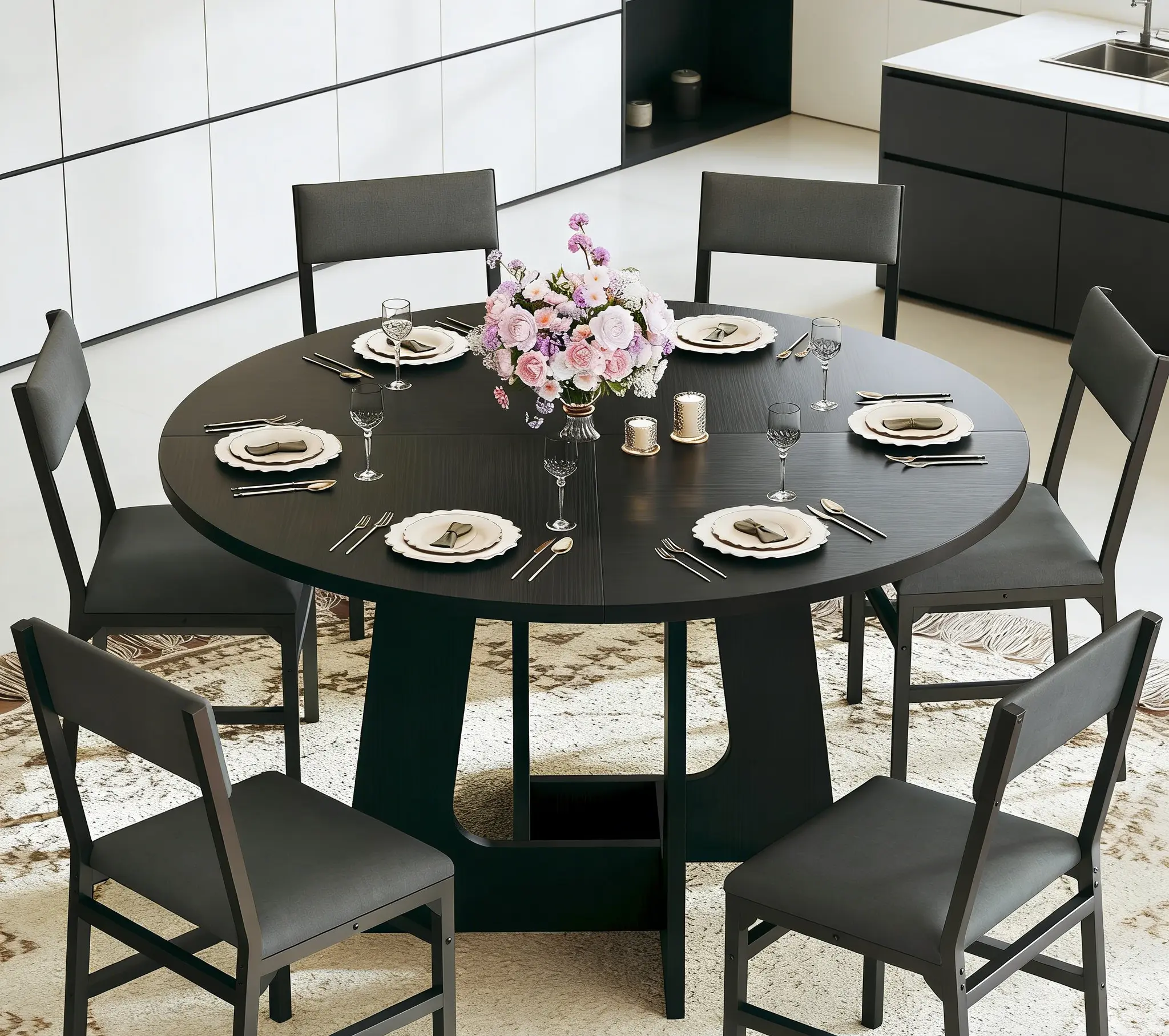 Round Dining Table Set for 6, 7-Piece Kitchen Table and Chairs for 6, 47'' Round Dining Room Table Set with 6 Chairs, Space Saving Dining Table with Wood Base for Kitchen, Living Room, Black