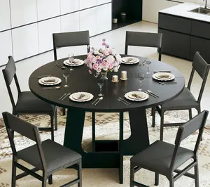 Round Dining Table Set for 6, 7-Piece Kitchen Table and Chairs for 6, 47'' Round Dining Room Table Set with 6 Chairs, Space Saving Dining Table with Wood Base for Kitchen, Living Room, Black