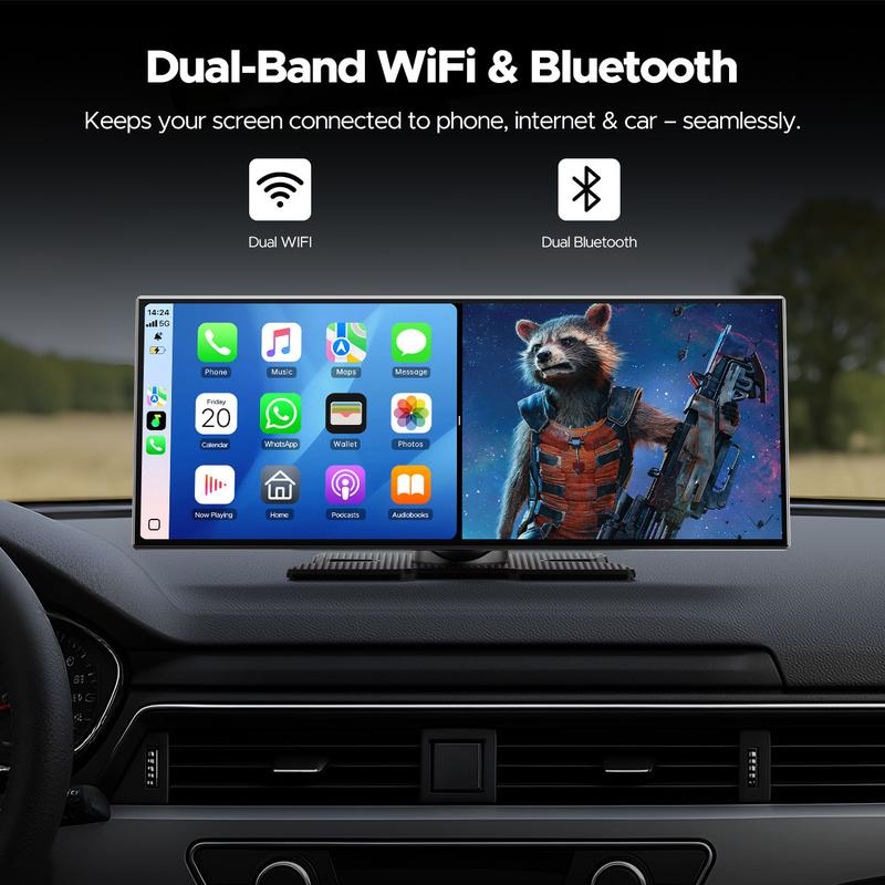 【JumpstartSale】VOLAM 10.25" Wireless CarPlay Screen — Supports Netflix, YouTube, TikTok apps, 720P Parking Backup Camera, split-screen app display, ideal for navigation and in-car entertainment Compatible with iPhone 8–15+ and Android 11+