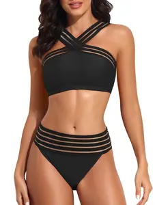 Hilor Women's Two Piece Bikini Sets High Waisted Bathing Suits Front Crossover Swimsuits Sexy Stripe Hollow