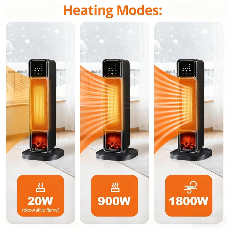Space Heaters for Indoor Use 1500W PTC Electric Fireplace Heater with 90° Oscillation Child Lock Tip-over Protection Eco Mode 12h Timer Remote Control 3D Flame Effect Home & Office Heating System