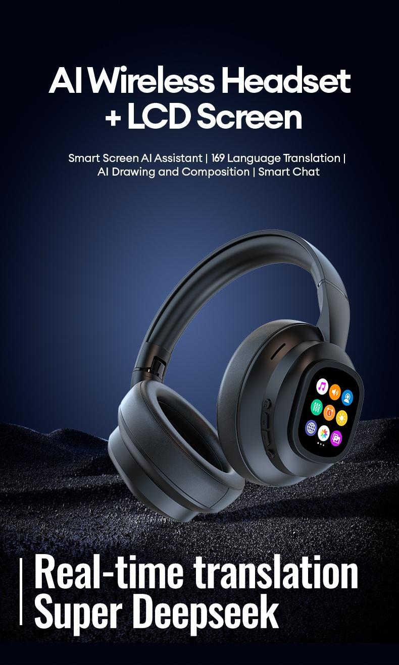 HYUNDAI X1 Pro Wireless Bluetooth 6.0 Headphones Supports 169-Language Translation with Detachable Full-Color LCD Touch Screen, Customizable Screen Wallpaper, Audio Headset for Music & Phone Calls