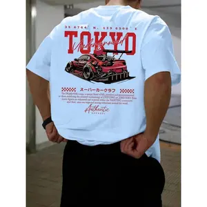 Men's Regular Fit Car & Letter Print Round Neck Tee, Street Fashion Casual Short Sleeve T-shirt for Daily Wear, Men's Top for All Seasons, Tropical, Streetwear