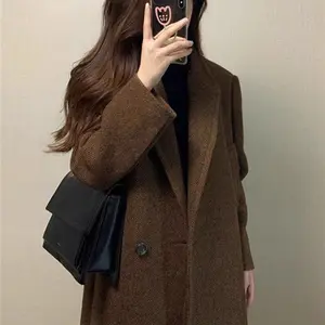 Suit Collar High-End Wool Coat for Women, Autumn and Winter Over-the-Knee Mid-Length Woolen Jacket