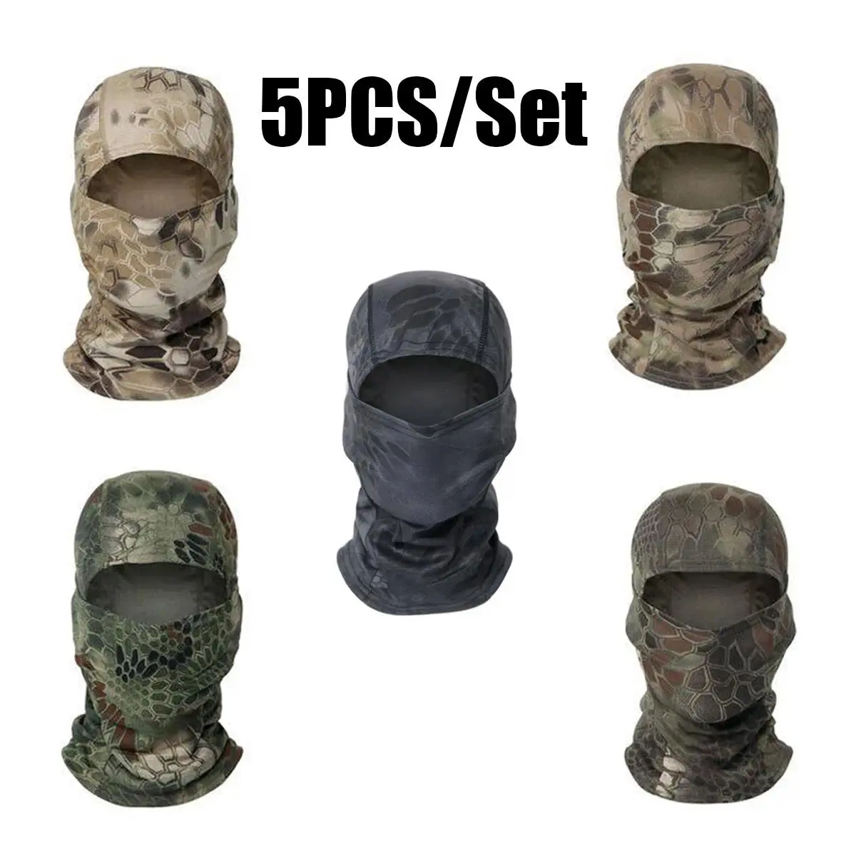 5-Pcs Set Tactical Camouflage Balaclava Face Masks for Adults, 100% Polyester Protective Gear, Motorcycle Helmet Liner, UV Protection, All-Season Bandana, Biking/Motocross/Climbing Accessories, One Size Fits All