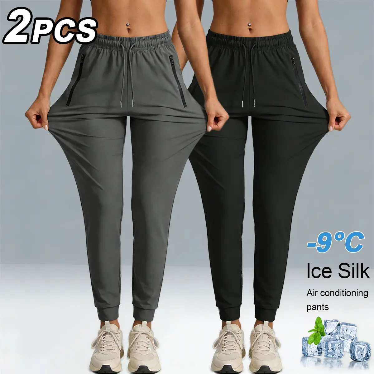 Women's Ice Silk Joggers 2 Pack, Cooling -9℃ Quick Dry Athletic Pants, Lightweight Stretch Workout Sweatpants with Zipper Pockets, Drawstring Elastic Waist Casual Lounge Pants for Summer marlon print sweatpants