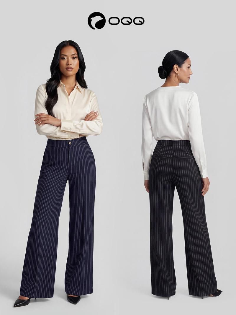 OQQ Women's Striped Trousers High Waisted Pinstripe Flare Trouser