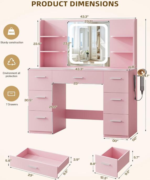 WeCharmer Vanity Desk Set with Round Mirror, Vanity with Lights, Makeup Vanity with Mirror, 3 Lighting Modes, for Bedroom Furniture Table Storage Drawer Modern Design Organizing