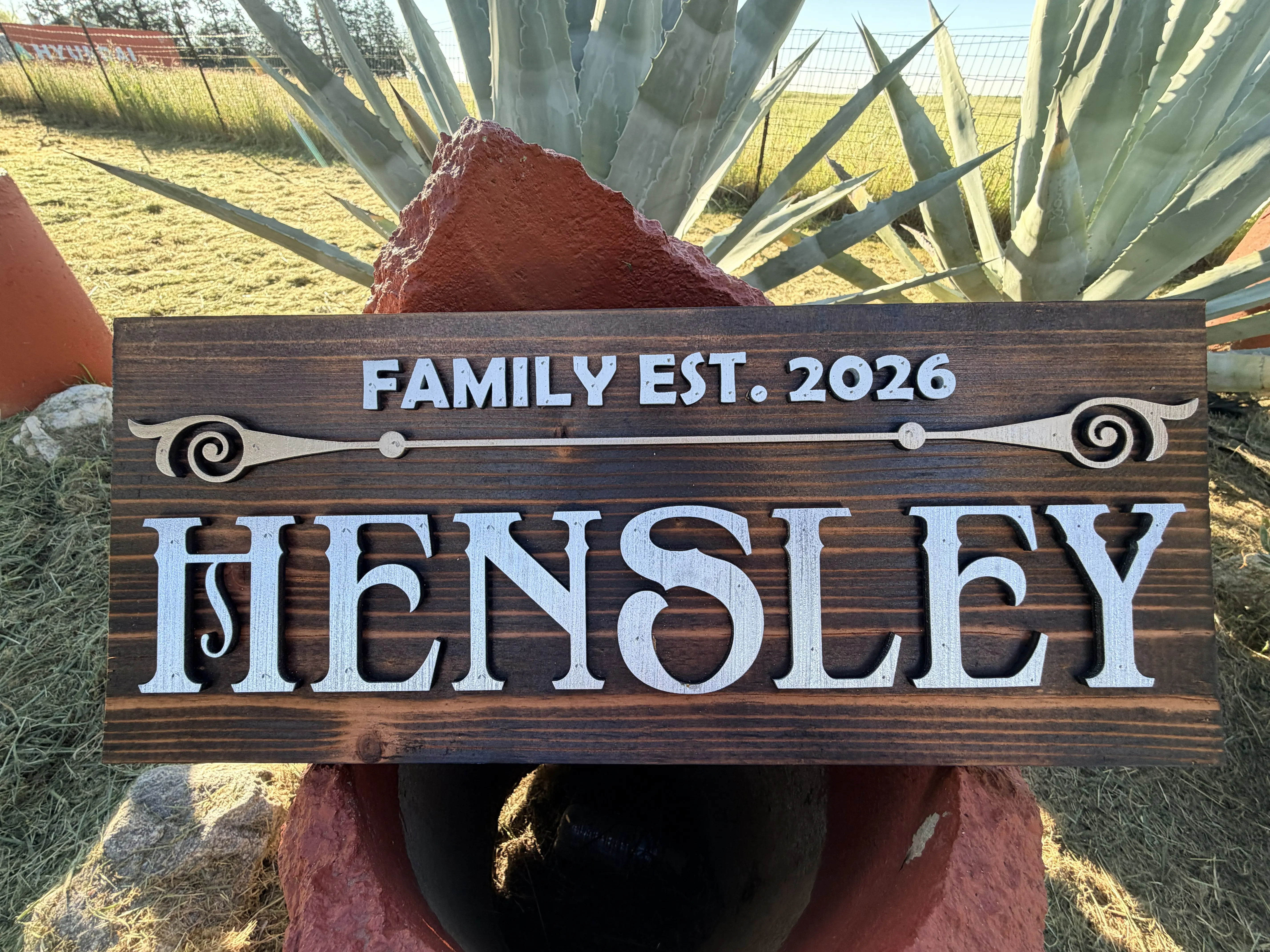Family Last Name w/Est. Date Personalized Flamed Redwood sign. Medium size sign 7.5x19 inches