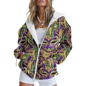Mardi Gras Sweatshirts for Women Full Zipper Long Sleeve Tuesday Shirt Vintage Vneck Carnival Outfit for Party