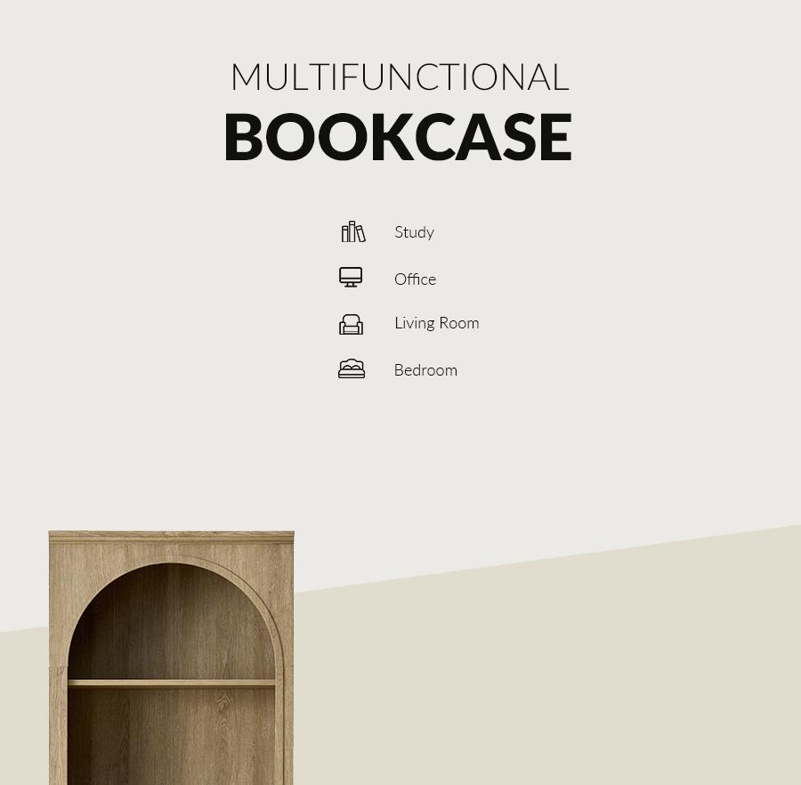 Hulala Baggio Modern Storage Bookcase with Smooth-Glide Drawer, Built-in LED Light, Arched Shape, Touch Switch for Three Lighting Options, Bookshelf, Living Room, Aesthetic