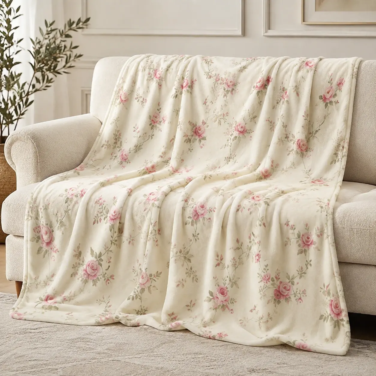 Vintage Pink Rose Floral Motif Flannel Throw Blanket - Cream Background, Shabby Chic, Plush Weave, Soft Texture, Multi-Size, Ideal Gift for Flower Lovers, Cottagecore Bedroom Sofa Home Room Decor