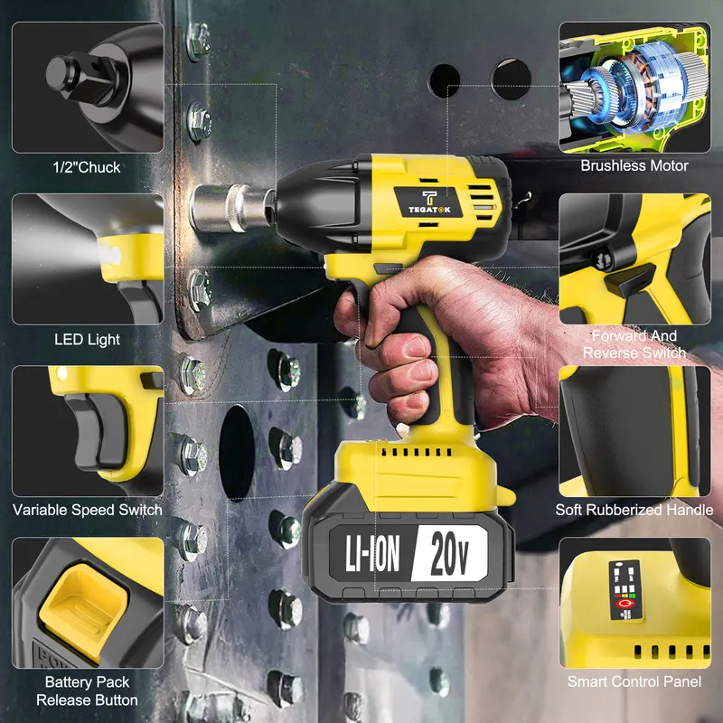 Brushless cordless impact wrench with LED light and forward reverse control