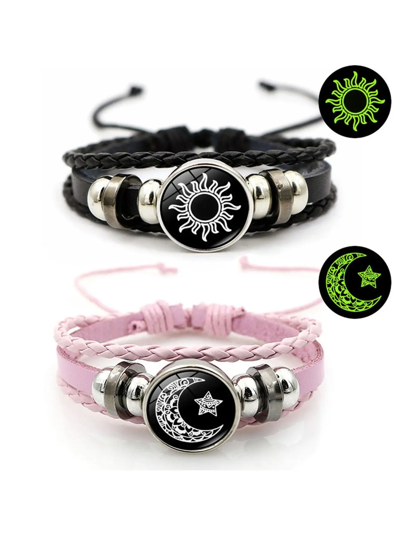 2Pcs His & Hers Sun Moon Glow In Dark Bracelets, Braided Black Pink Leather Wrist Cuff with Luminous Sun Moon Pendant, Unisex Couple Jewelry Gift for Boyfriend Girlfriend Bracelet Stack Fashionable Bracelet Exquisite Trendy Bracelet Layered Bracelet Set