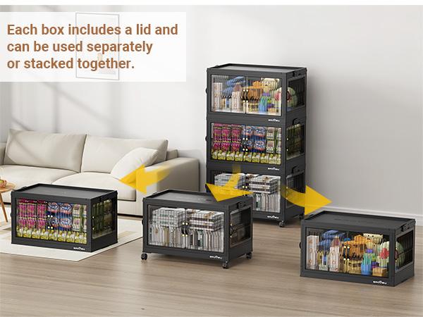 Broview 360Qt/480Qt/600Qt Stackable Storage Bins with 4x Lids, Each 120Qt Stackable Storage Bin,Front and Side Open Doors, Collapsible Closet Organizer and Storage Cabinet, Plastic Folding Box with Wheel Drawer for Home Office Dorm