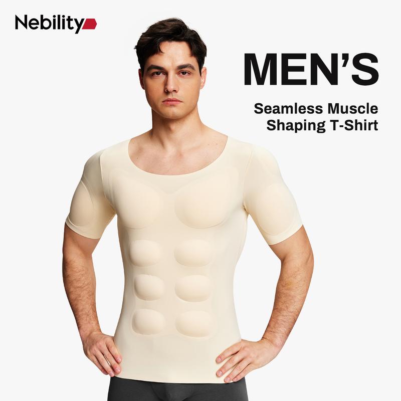 【Nebility】 Men’s Invisible Seamless Muscle-Enhancing T-Shirt with Removable Muscle Pads and Light Compression Function, Suitable for Everyday Wear, Cosplay, and Special Occasions