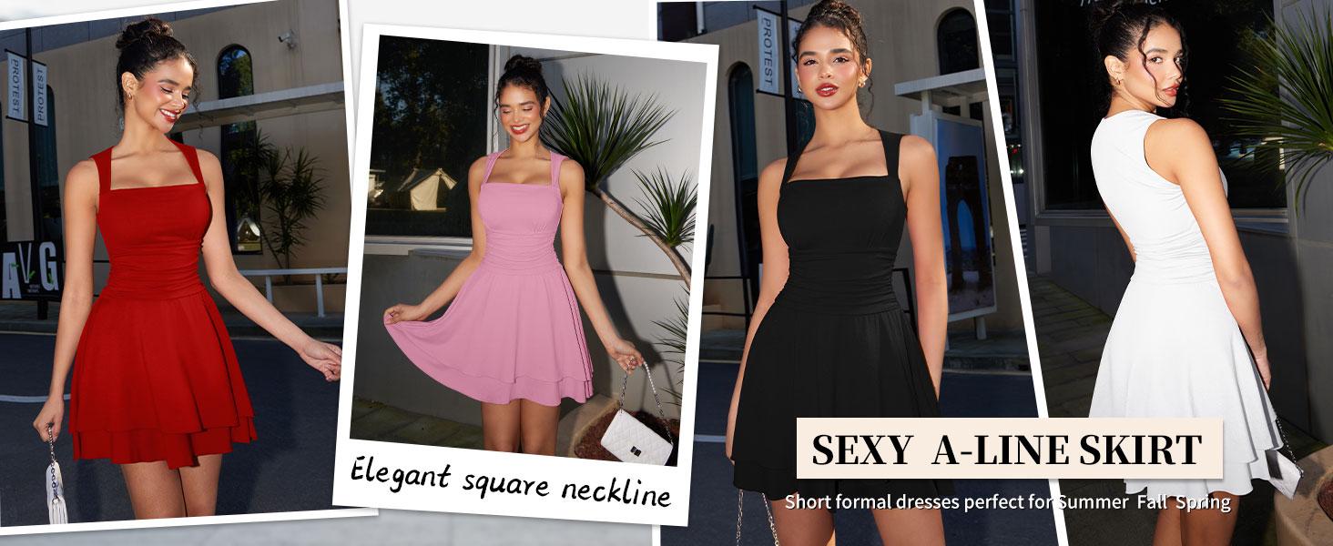 OYS Women's Square Neck Sleeveless Bodycon Ruched Waist Flowy A-Line Ruffle Hem Mini Dress OYS Women's Square Neck Sleeveless Bodycon Ruched Waist Flowy A-Line Ruffle Hem Mini Dress