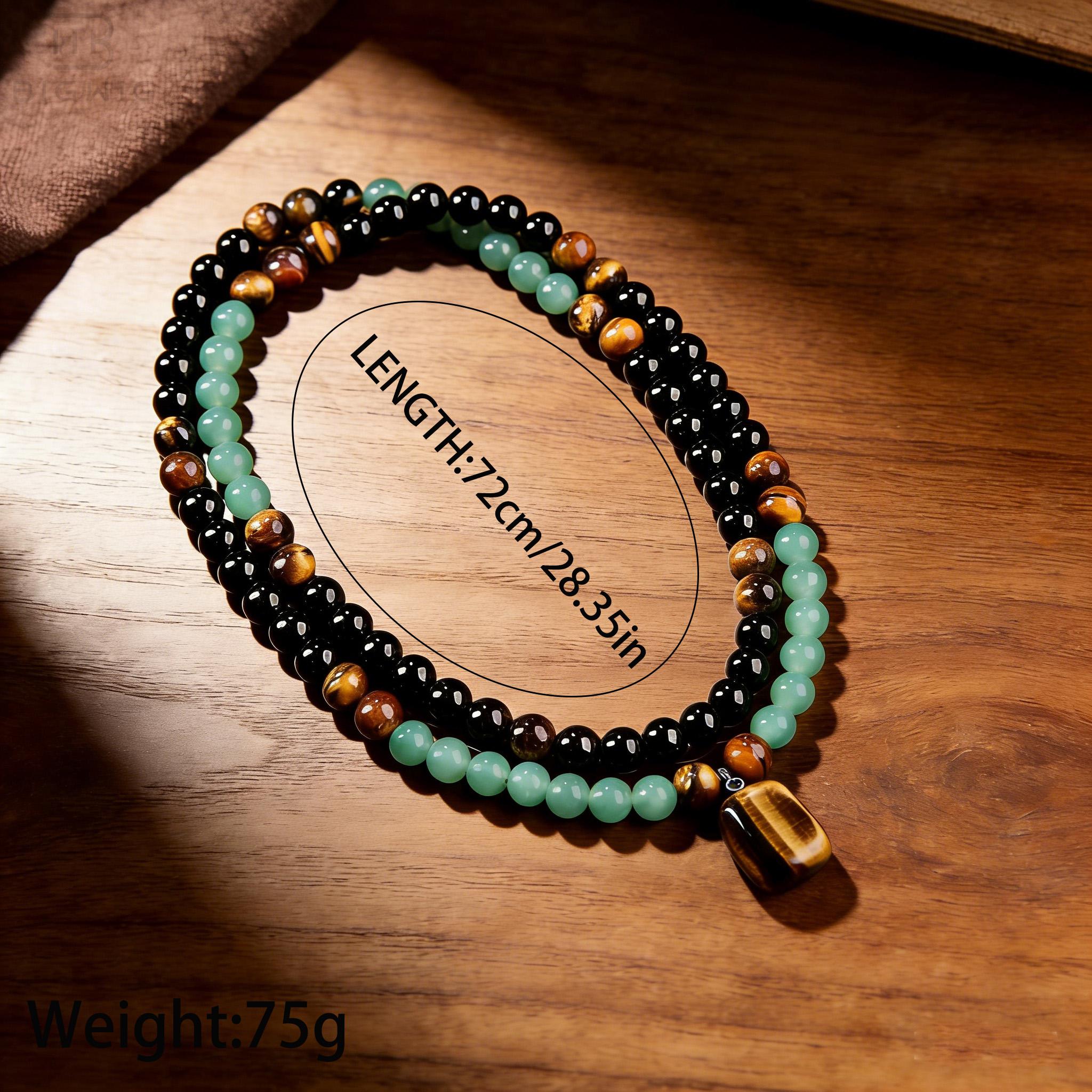 Green Aventurine & Tiger Eye Money Attraction Necklace & Bracelet Set, Natural Healing Crystal Pendant for Wealth & Prosperity, Long Chain Sweater Necklace, Ideal Gift Jewelry for Men and Women, Jewelry Charms for Anniversary, Vacation &Theme Parties