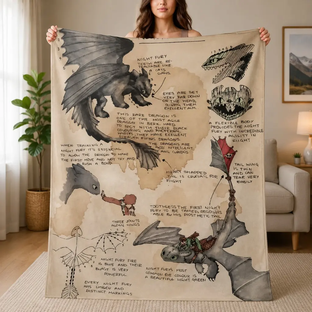 Toothless Night Fury Anatomy Sketch Flannel Fabric Blanket - Cartoon Printed Cozy Throw for HTTYD Fans, Ideal for Movie Nights