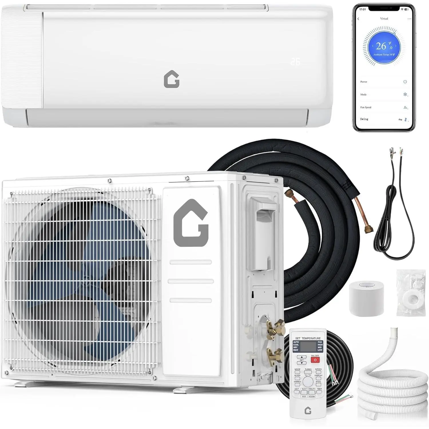12000 BTU 21 SEER WiFi Enabled Split Air Conditioner, 230V Ductless AC Unit with R32 Refrigerant, Turbo & Auto Modes, Independent Dehumidification, 24-Hour Timer, Smart Sleep & ECO Mode, Up-Down & Left-Right Airflow