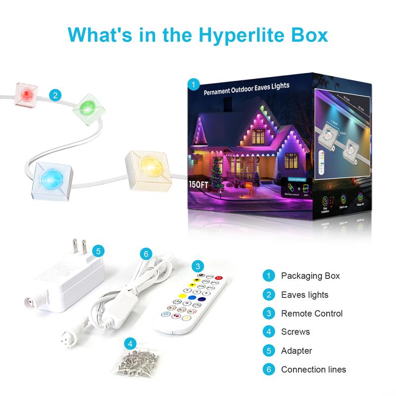 HYPERLITE Smart Outdoor Eaves Lights RGB IC Color Changing IP68 Waterproof LED Strip with App and Remote Control Roof Lighting Dimmable Energy Saving Timer Mode Music Sync Adjustable Brightness for DIY Home Decor Jumpstart newyear HYPERLITE Smart Outdoor Eaves Lights RGB IC Color Changing IP68 Waterproof LED Strip with App and Remote Control Roof Lighting Dimmable Energy Saving Timer Mode Music Sync Adjustable Brightness for DIY Home Decor Jumpstart newyear