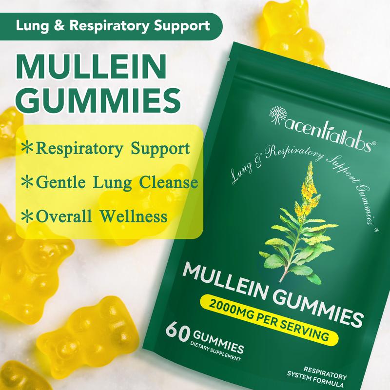 Mullein Gummies for Lungs, Edible Fitness Dietary Gummy, Lung Health, 1000mg Mullein Leaf Extract, Pear Flavor Gummies 60capsules Vitamin Supplement Healthcare mullein lung detox Respiratory System Formula Respiratory Support Vegan Ingredients