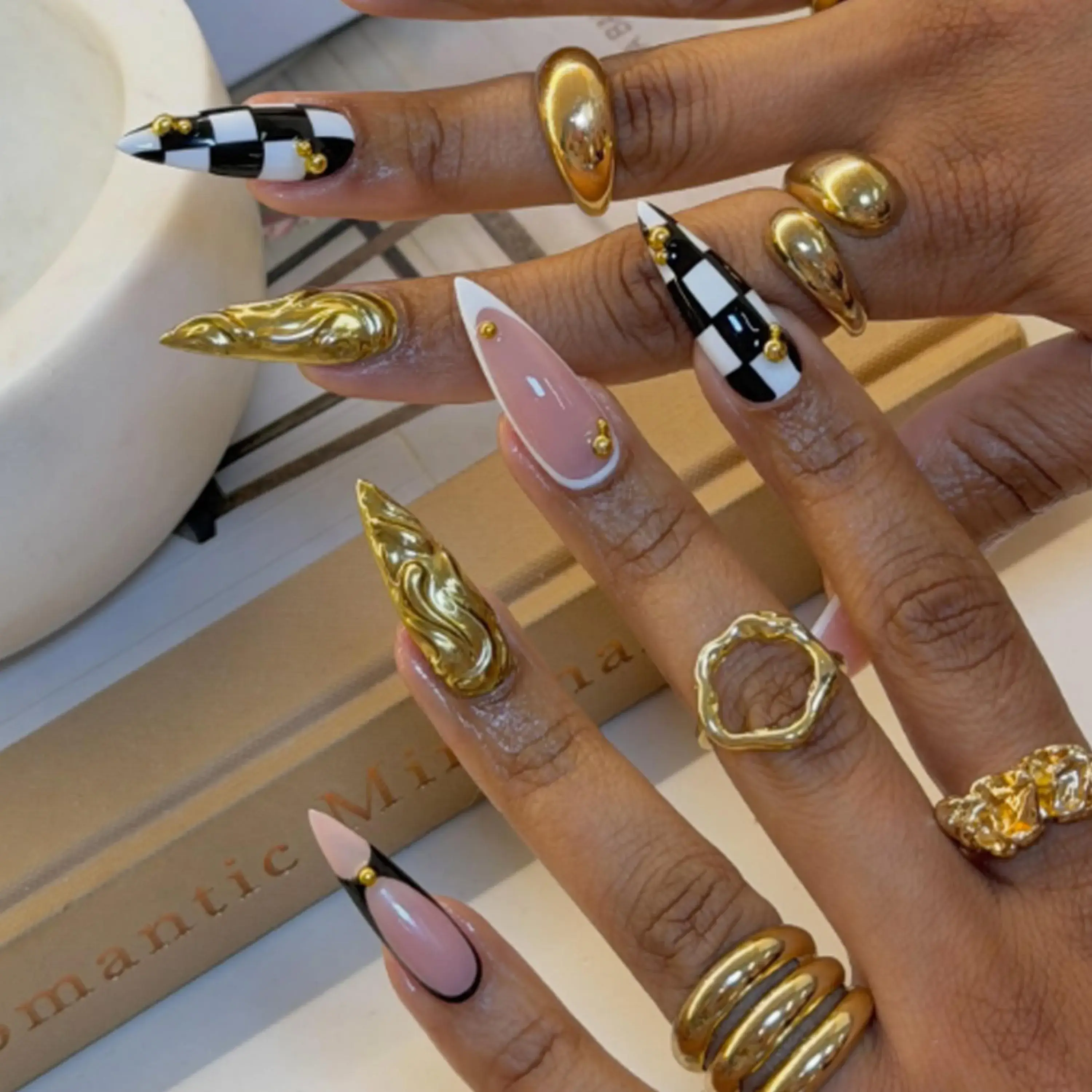 Gold Chrome Press On Nails | Luxury Checkerboard Nail Set | Black French Tip Glam Handmade Nails