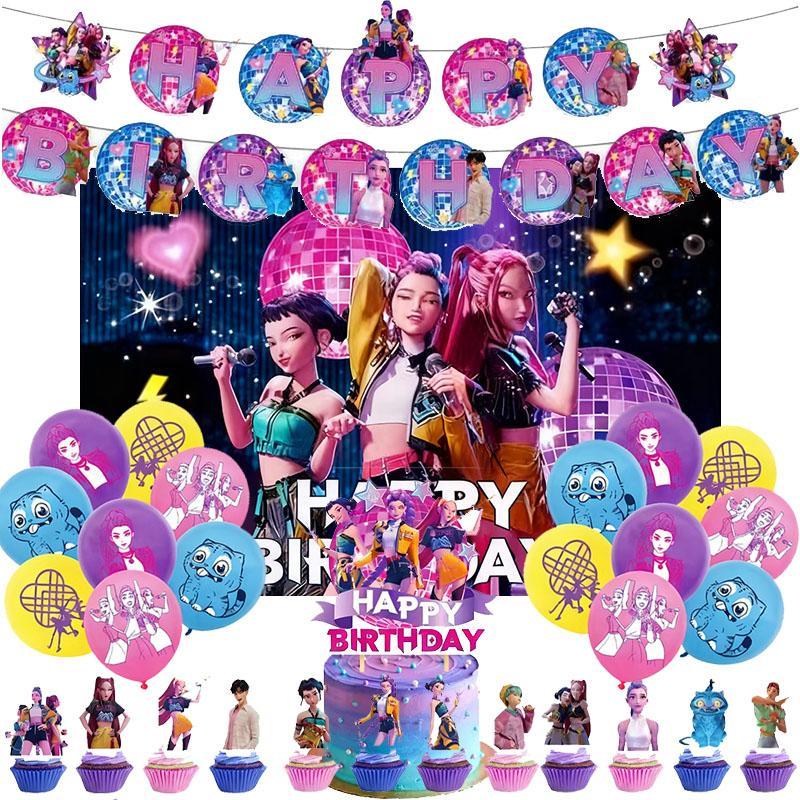 New-Kpop Demon Hunter Birthday Party Decoration Set – Anime-Inspired Backdrop Banner, Balloons & Cake Toppers | Cool K-Pop Theme Party Supplies for Fans, Kids & Teens, Perfect Gift for Demon Hunter Lovers