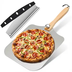 【AREL】Aluminum Pizza Peel & Spatula, 12-Inch Metal Pizza Paddle (12" × 14"), with Rocker Pizza Cutter and Foldable Wooden Handle, Ideal for Home Pizza Ovens, Baking Pizza, Dough, Bread & Pastry.