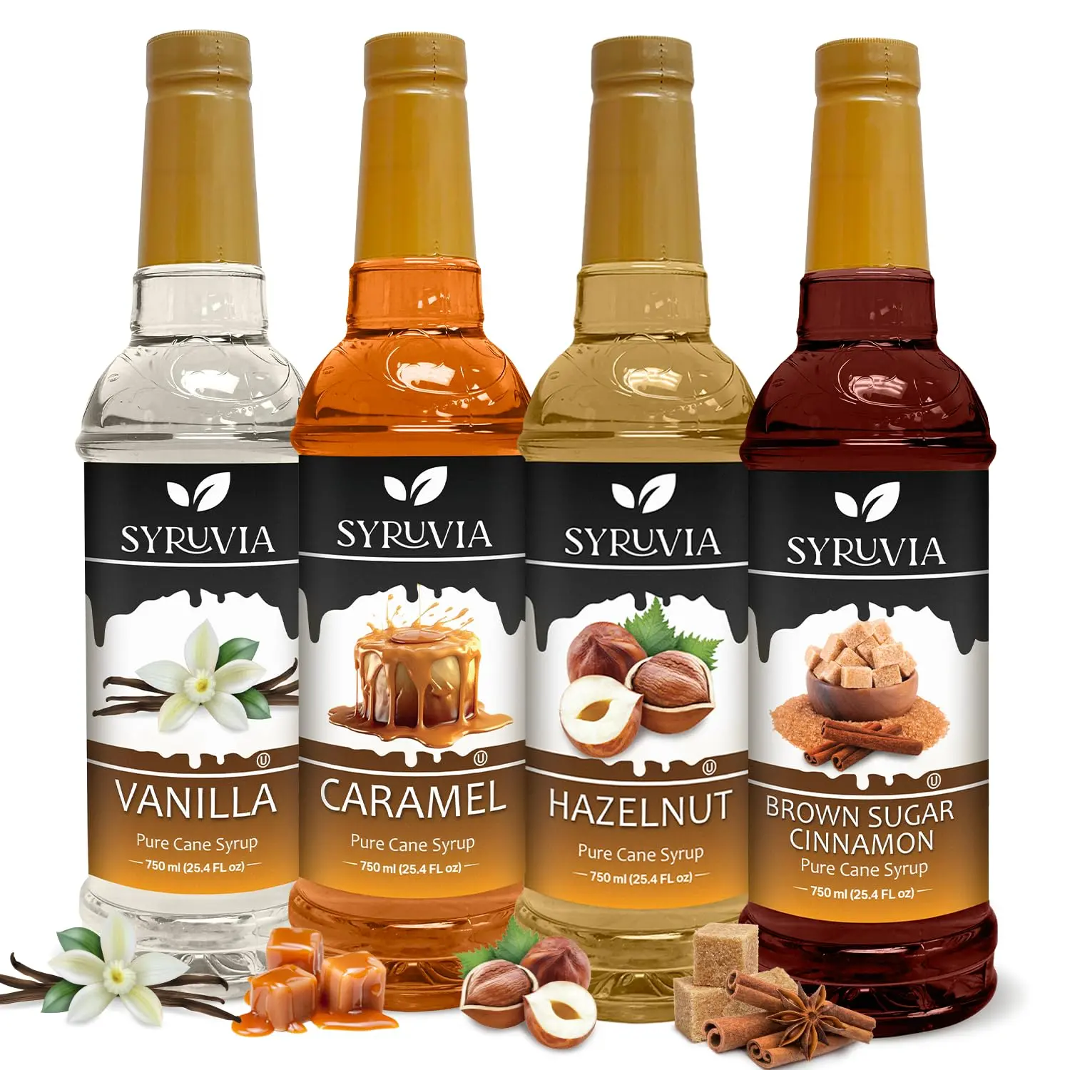 Syruvia Coffee Syrup Variety Pack - 4-Pack Gluten-Free Beverage Syrups (Vanilla, Caramel, Hazelnut, Brown Sugar Cinnamon) - 25.4 fl oz Cafe-Style, Everyday Plastic Bottle, Ambient, Ideal for Parties, Room Temp Coffee, Tea