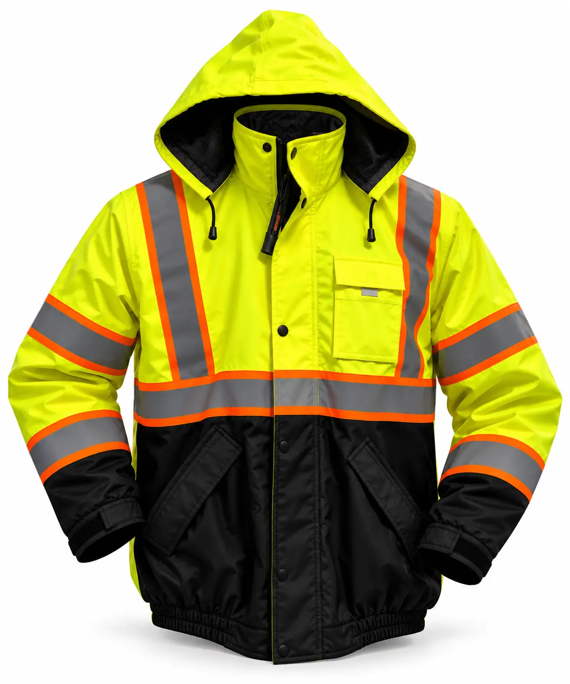 Men's High Visibility Reflective Insulated Waterproof Winter Bomber Jacket - Coats, Menswear, Zipper - Durable Rain Gear, High Neck, Long Sleeves, 4 Pockets, Stylish Outdoor Wear