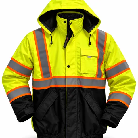 Men's High Visibility Reflective Insulated Waterproof Winter Bomber Jacket - Coats, Menswear, Zipper - Durable Rain Gear, High Neck, Long Sleeves, 4 Pockets, Stylish Outdoor Wear