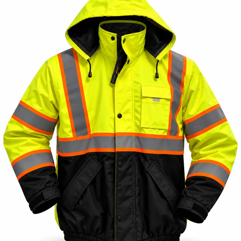 Men's High Visibility Reflective Insulated Waterproof Winter Bomber Jacket - Coats, Menswear, Zipper - Durable Rain Gear, High Neck, Long Sleeves, 4 Pockets, Stylish Outdoor Wear