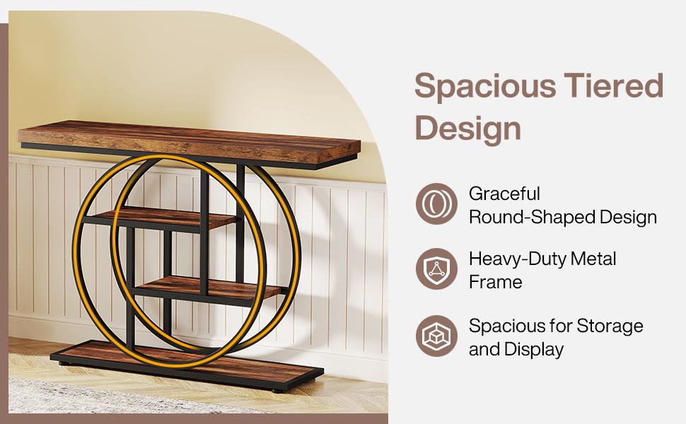 Tribesigns 41.3" Industrial Console Table: 4-tier Entryway Table with Circle Base, Narrow Accent Tables with Storage Shelves, Rustic Brown