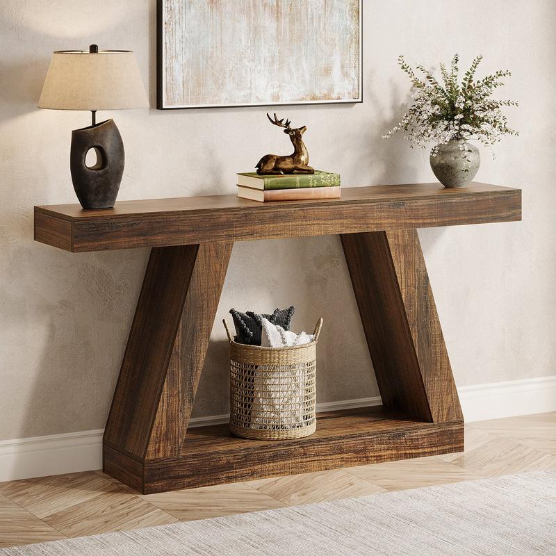 Spaco Farmhouse Console Table, 55-Inch Rustic Sofa Table with Storage, Industrial Wooden Entryway Table for Hallway, Living Room