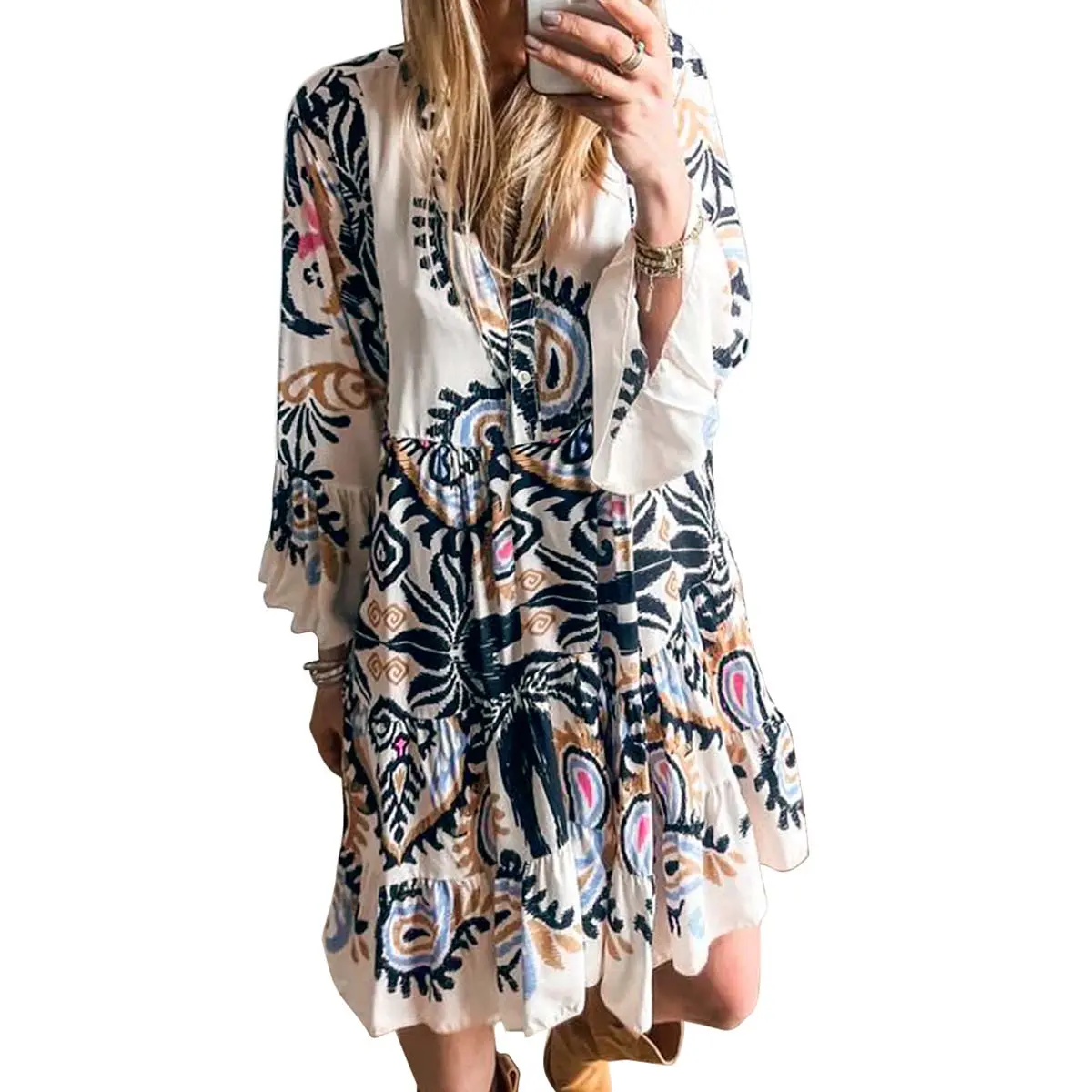 miduo Womens Summer Dress Casual V Neck Buttoned 3/4 Sleeve Bohemian Tribal Print Flowy Mini Dresses Floral Boho Womenswear easter outfits women fashion Elegance - TikTok Shop miduo Womens Summer Dress Casual V Neck Buttoned 3/4 Sleeve Bohemian Tribal Print Flowy Mini Dresses Floral Boho Womenswear easter outfits women fashion Elegance - TikTok Shop