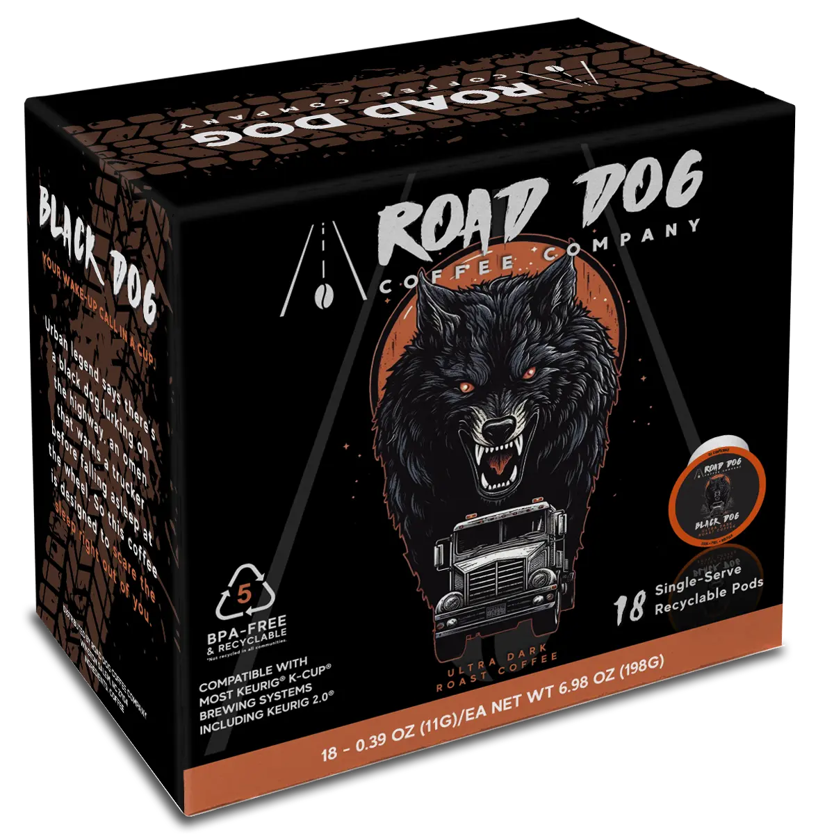 Road Dog Coffee Company Black Dog, Ultra Dark Roast K-Cups, 18 Single Serve Pods Beverage