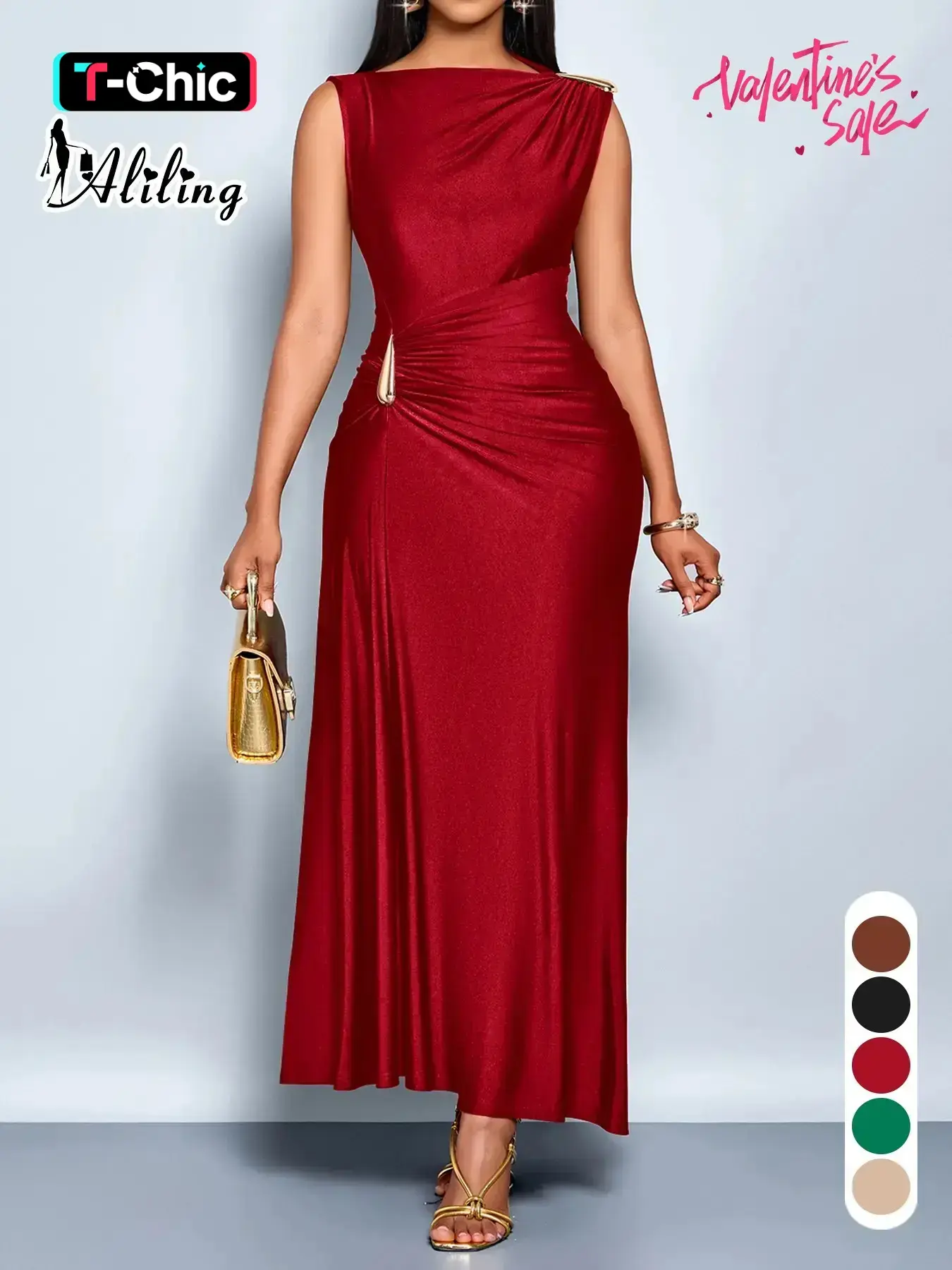 Aliling Elegant Chic Sleeveless Midi Dress for Women High Waist Folds Boat Neck Bodycon Fitted Solid Female Formal Evening Sexy Clothing Dresses for Party Perfect for Party and Dates Elegant Chic Gown Elegant Fashion Dress