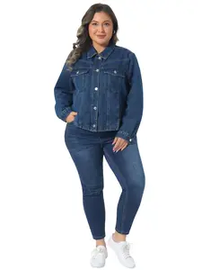Agnes Orinda Women's Plus Size Denim Jacket Button Closed Long Sleeves Shirts Trendy Jean Shacket Jackets
