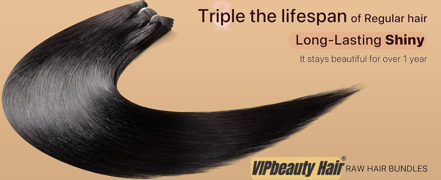 VIPbeauty Raw Bundles Human Hair Straight, No Tangle Shedding, Keep Texture Silky Soft After Multiple Washes, 16A Raw Indian Hair Bundles , Triple Lifespan 3X
