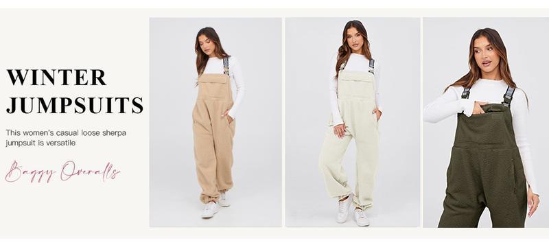 Tanming Womens Fleece Overalls 2025 Warm Winter Casual Loose Jumpsuits Sherpa Bib Overalls Fuzzy Ski Pants with Pockets