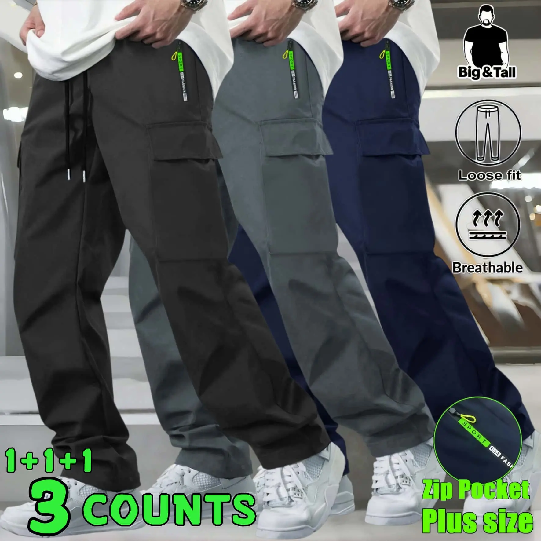Men's Big & Tall Relaxed Fit Casual Trousers, Elastic Drawstring Waist Multi-Pocket Plus Size Pants, Breathable Streetwear Bottoms, Outdoor Hiking Gym Daily Sweat Pants, Deep Phone Pockets Extended Inseam Everyday Wear