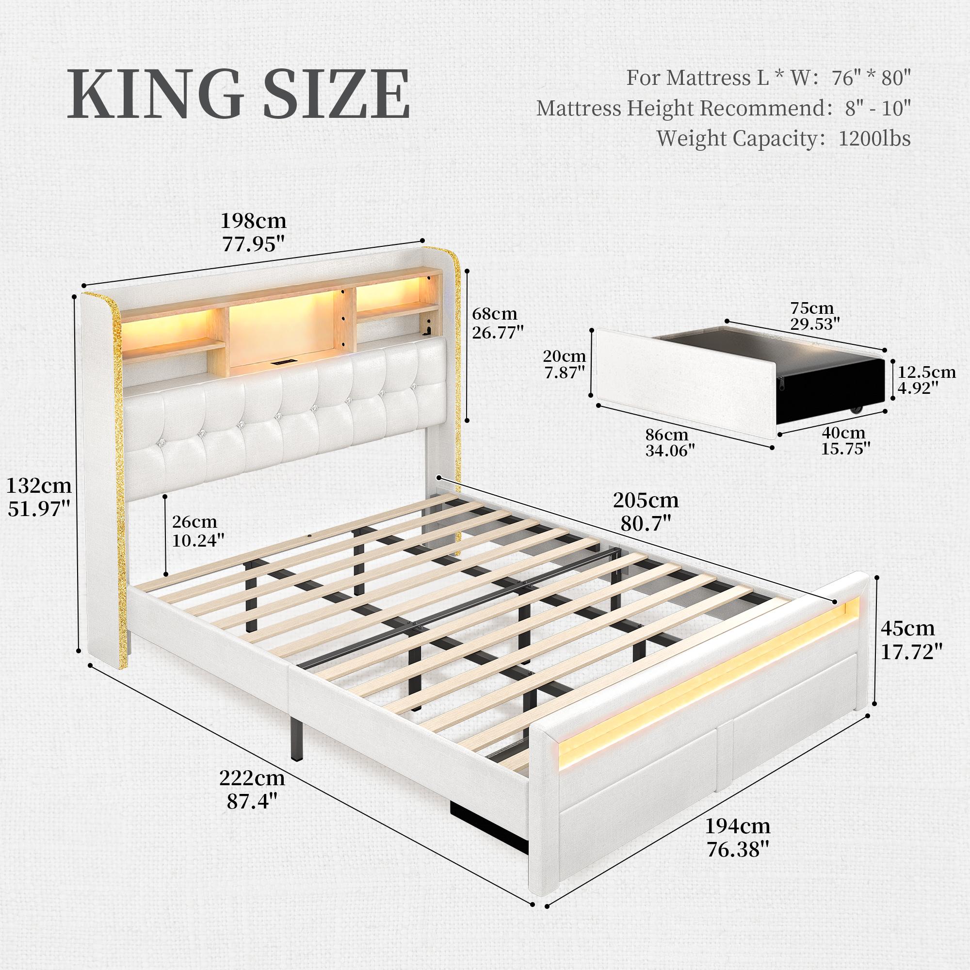 SIBEDS Queen Upholstered Bed Frame with LED Bookcase Headboard, Drawers, Charging Ports, and Tufted Wingback Design for Bedroom,White/Black/Cream/Gray