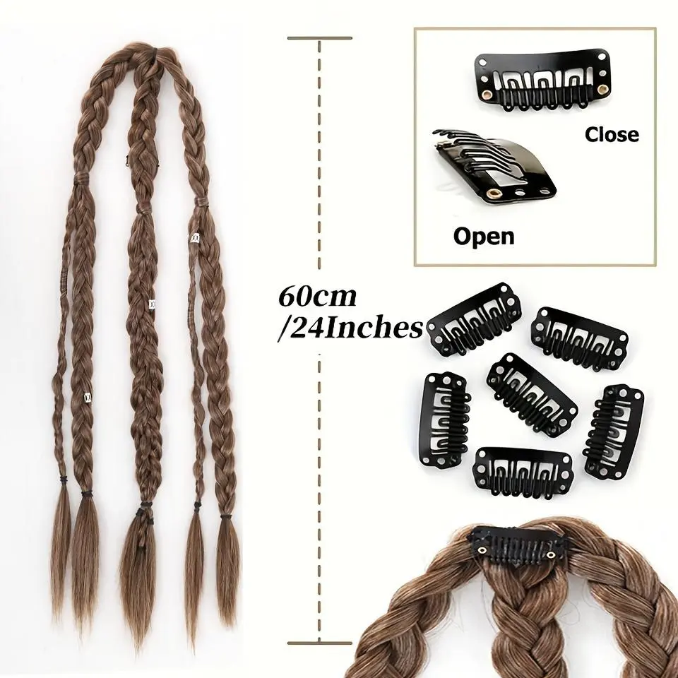 24" Clip Long Braided Ponytail Extension Blonde Grey Brown Golden Black Synthetic Twist Box Braids Pony Tail Hairpieces with Hair Ring Elastic Tie for Men Daily Party Halloween And Christmas New Year Carnival Music