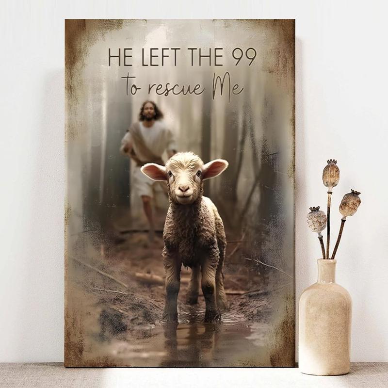 2D flat canvas wall art, framed, 1 piece — Jesus and the Lost Lamb, religious allegory scene, vintage oil painting style, canvas poster for room wall decor, ideal gift for bedroom, living room, hallway, dorm, ready to hang