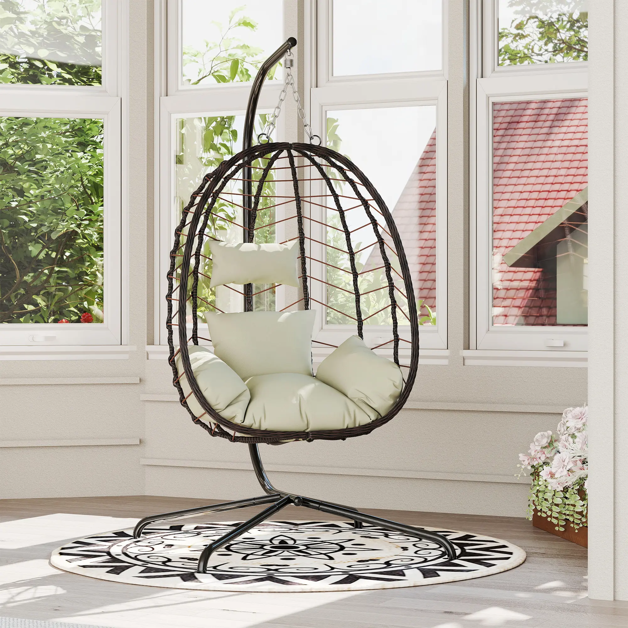 RIWENGO Hanging Egg Chair with Stand – Handwoven Rattan Patio Swing with Cushion, 350lb Capacity – Indoor/Outdoor Chic for Patio, Garden & Poolside