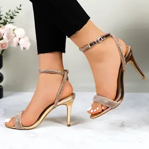 Women's Strappy High Heels Sandals Sparkly Glitter Rhinestone Round Open Toe 3.74-inch Stiletto Heel Footwear with Adjustable Buckle Ankle Strap Girl Fashion Elegant Comfortable Summer Casual Dress Heeled Shoes for Wedding Party Evening Bridal Daily Wear