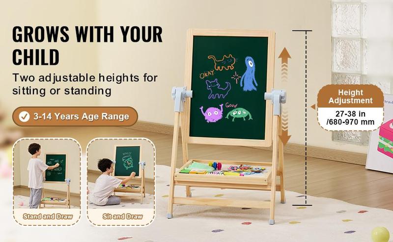 VEVOR 2-in-1 Kids Art Easel Double-Sided Wooden Magnetic Whiteboard Chalkboard, Christmas gift
