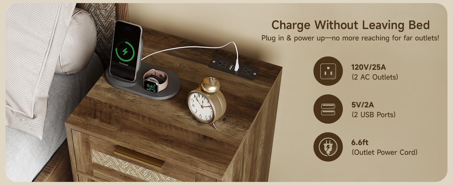 【SPOTLIGHT DAY】ONBRILL End Table with Storage & Charging Station, Farmhouse Wood Night Stand with Drawers, Adjustable Shelf, Bed Side Tables for Small Space, Living Room, Bedroom