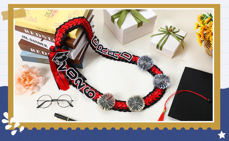 Graduation Leis Class of 2026 1 Pcs Grad Ribbon Double Braided Necklace with Graduation Cap 2026 GRAD Patches Handmade Leis Grad Gifts for Graduates Senior College Students Daughter Son Friends Couples for Graduation Ceremony Party Celebration